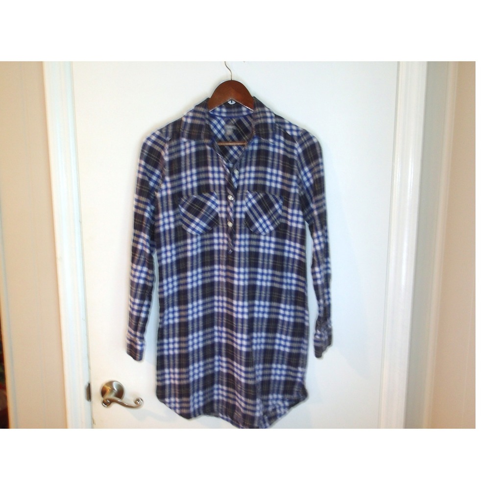 Aerie Flannel Shirt Dress Plaid Long Sleeve Button‎ Up Blue White XS /#5177